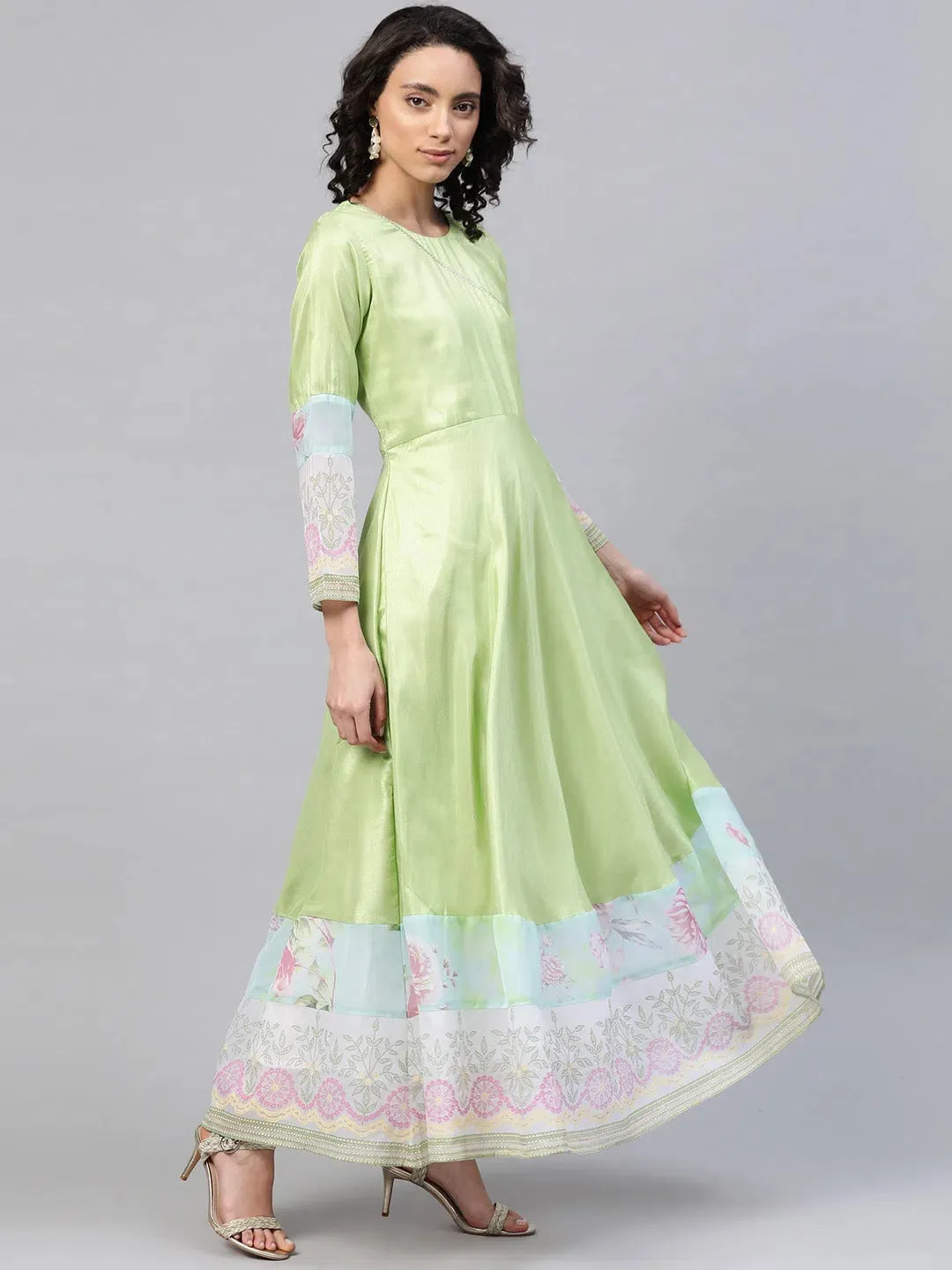 Ahalyaa Women'S Light Green Poly Silk Printed Kurta With Dupatta