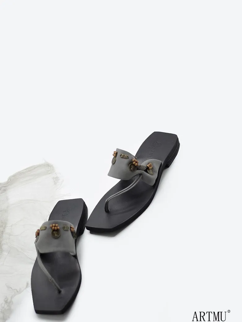 ARTMU EMBROIDERED LEATHER TOE POST SANDALS