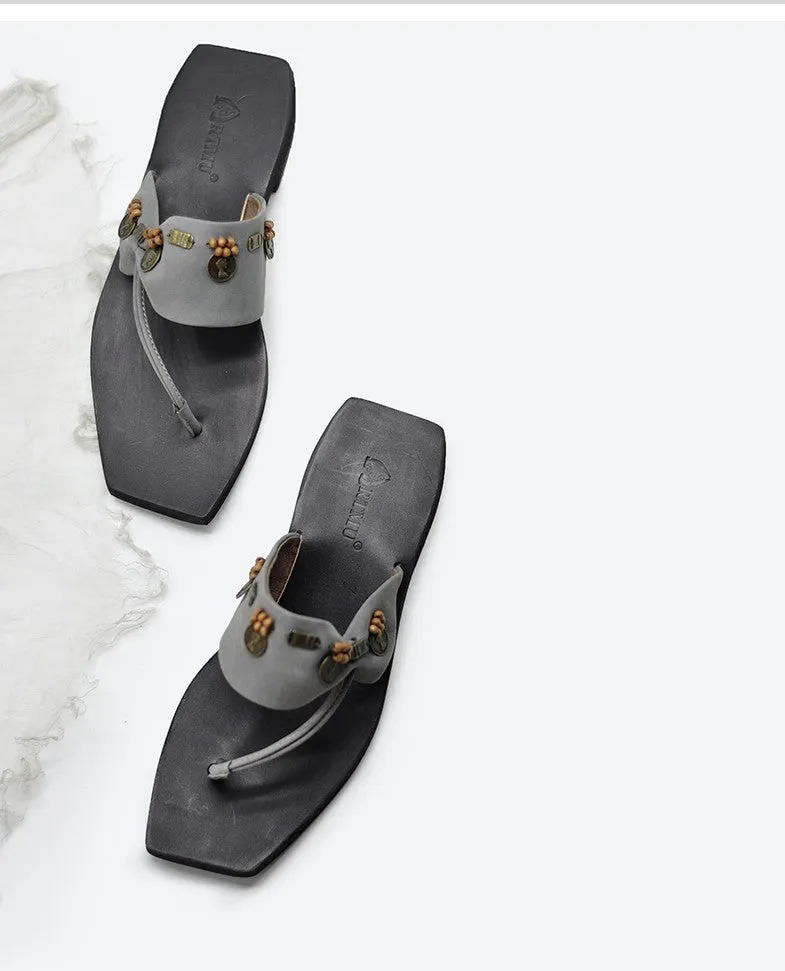 ARTMU EMBROIDERED LEATHER TOE POST SANDALS