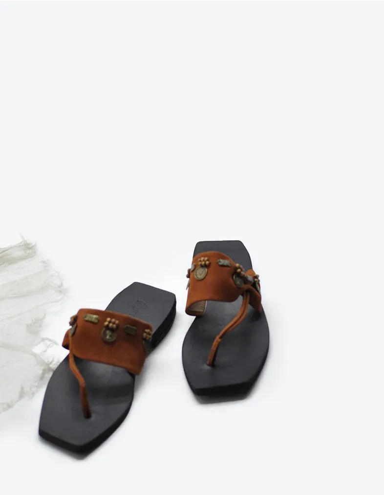 ARTMU EMBROIDERED LEATHER TOE POST SANDALS