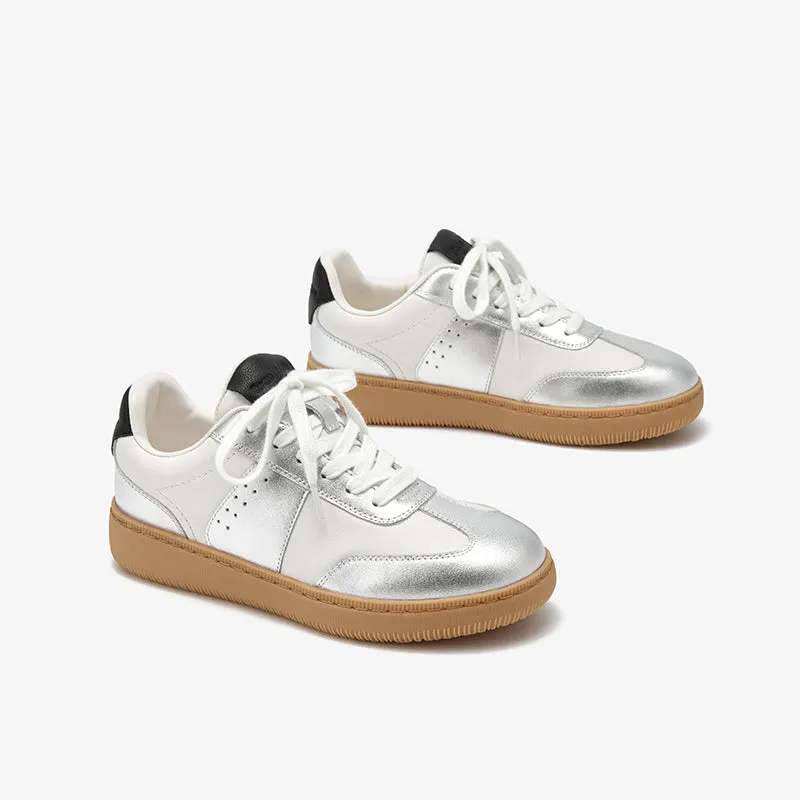 BeauToday Round Toe Cow Leather Retro German Army Trainers for Women with Patchwork Design