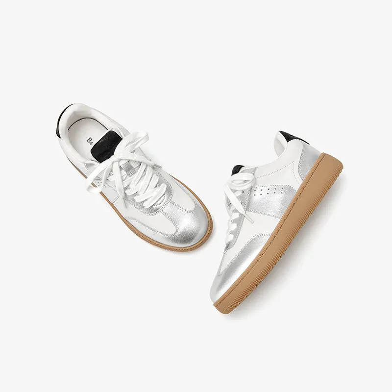 BeauToday Round Toe Cow Leather Retro German Army Trainers for Women with Patchwork Design