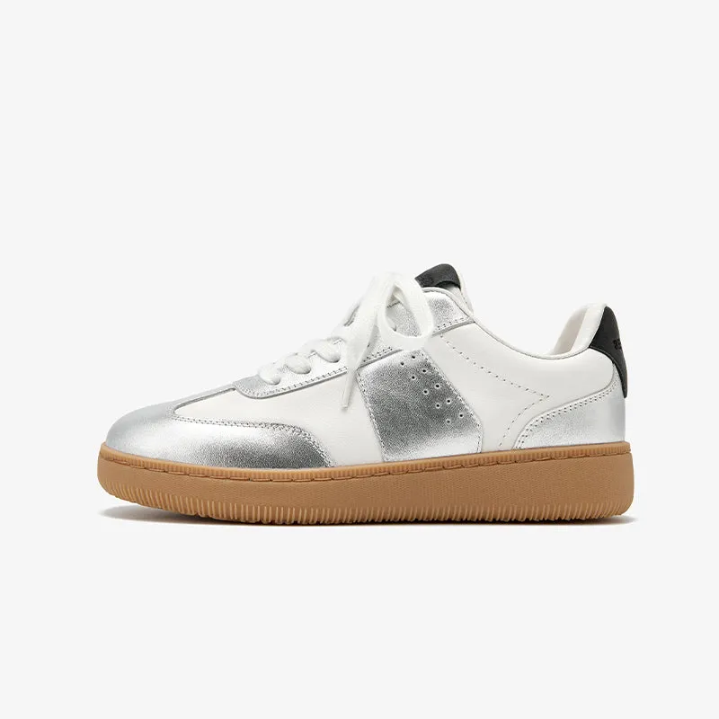 BeauToday Round Toe Cow Leather Retro German Army Trainers for Women with Patchwork Design
