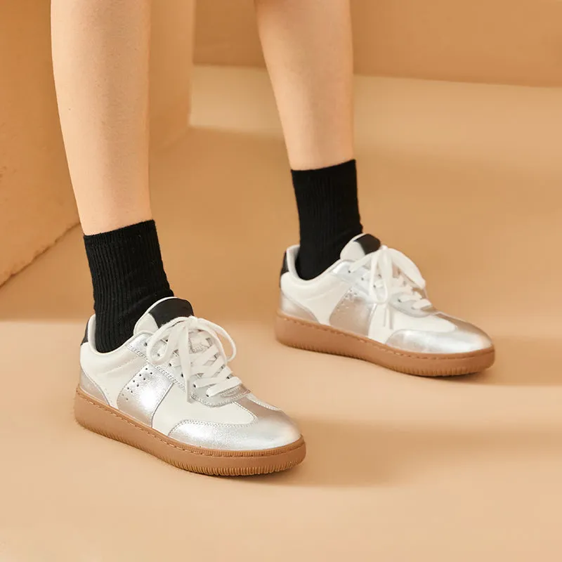 BeauToday Round Toe Cow Leather Retro German Army Trainers for Women with Patchwork Design