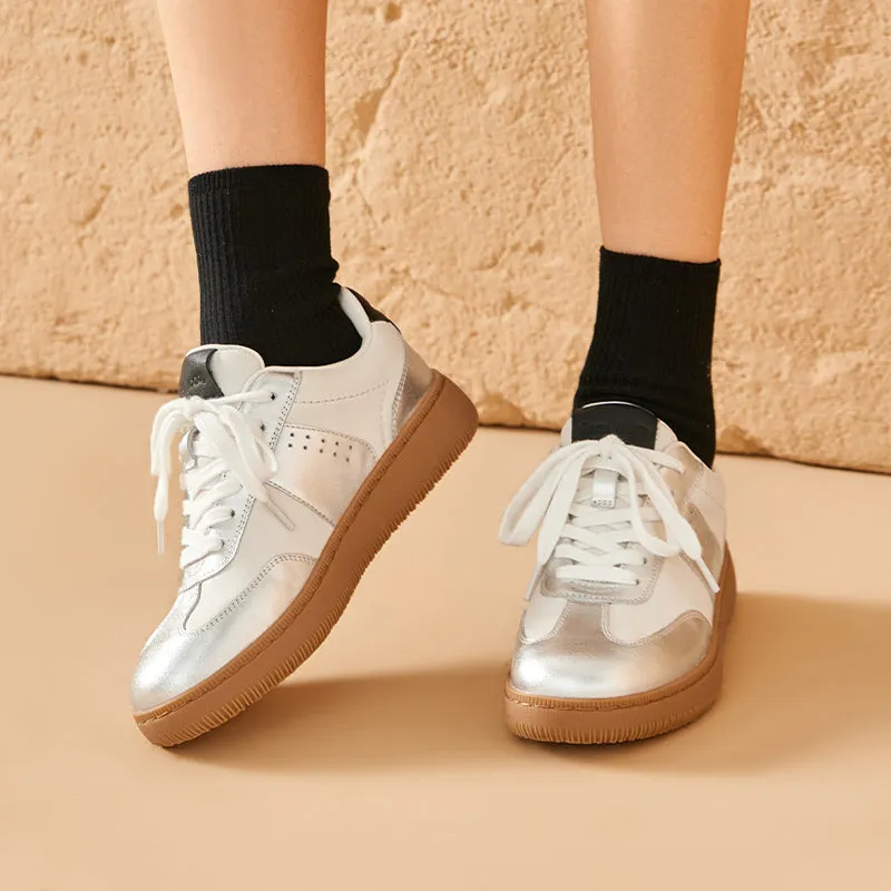 BeauToday Round Toe Cow Leather Retro German Army Trainers for Women with Patchwork Design