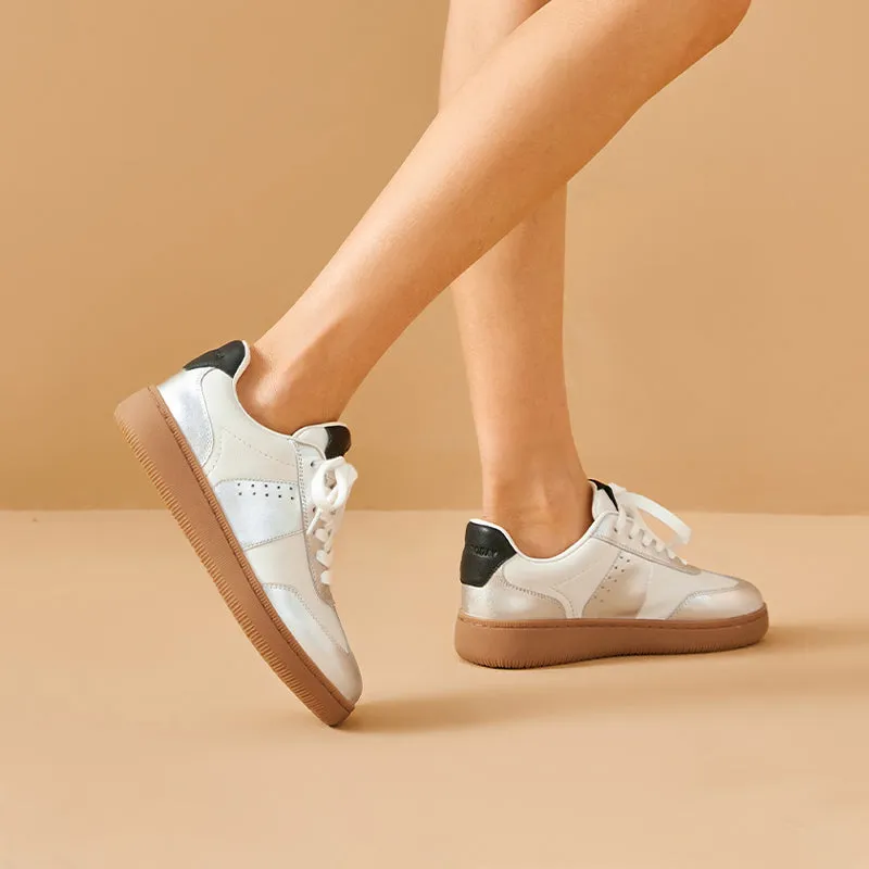 BeauToday Round Toe Cow Leather Retro German Army Trainers for Women with Patchwork Design