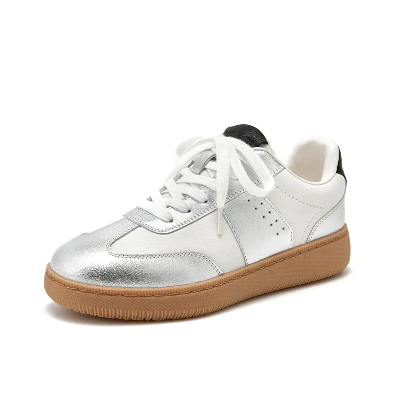 BeauToday Round Toe Cow Leather Retro German Army Trainers for Women with Patchwork Design