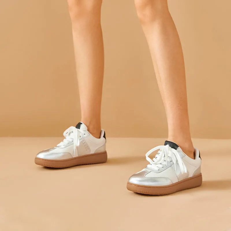 BeauToday Round Toe Cow Leather Retro German Army Trainers for Women with Patchwork Design