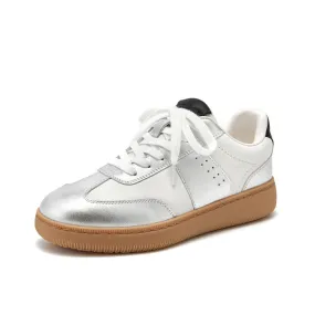 BeauToday Round Toe Cow Leather Retro German Army Trainers for Women with Patchwork Design