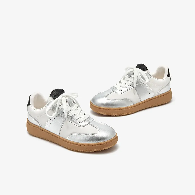 BeauToday Round Toe Cow Leather Retro German Army Trainers for Women with Patchwork Design