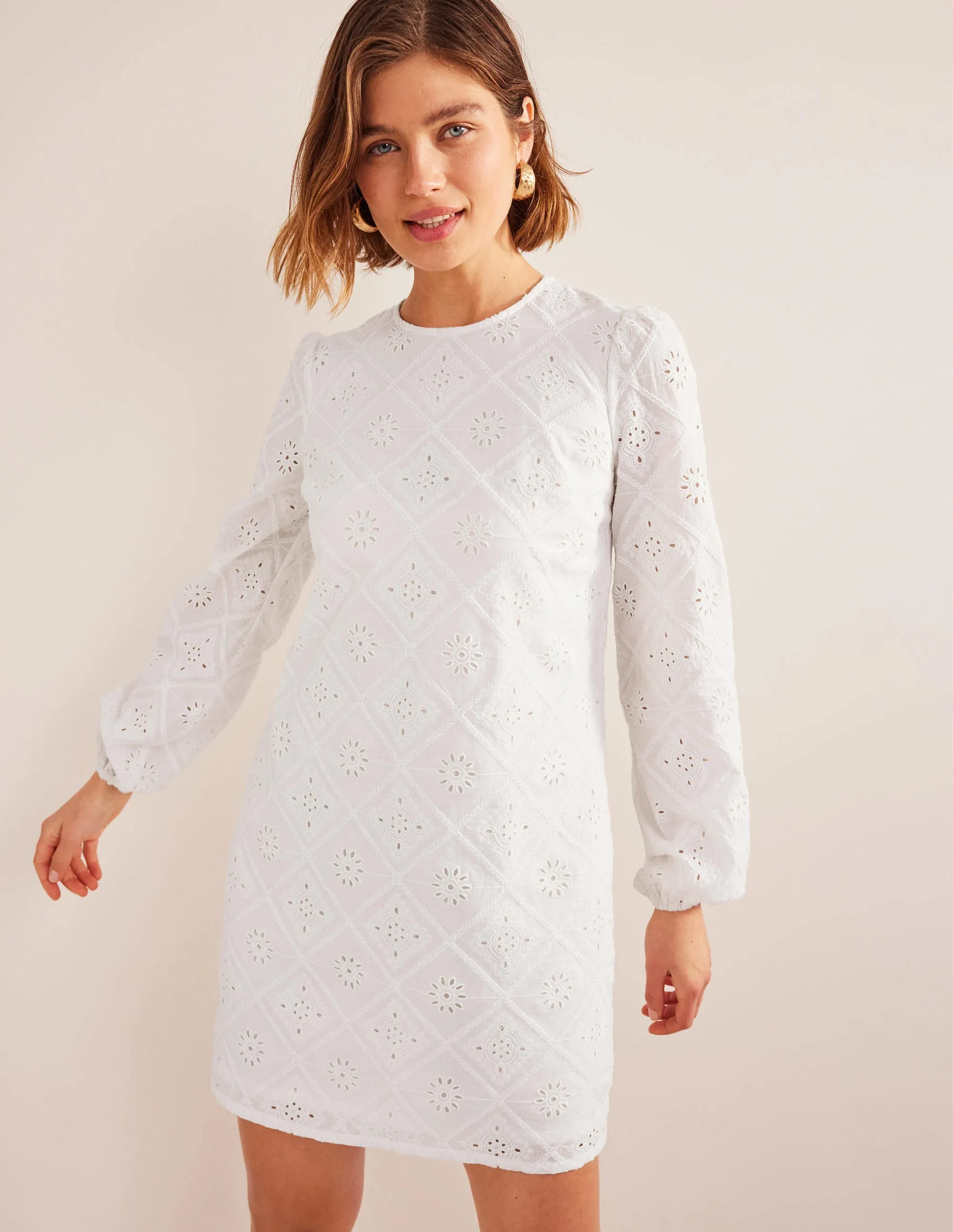 Broderie Mini Shift Dress-White