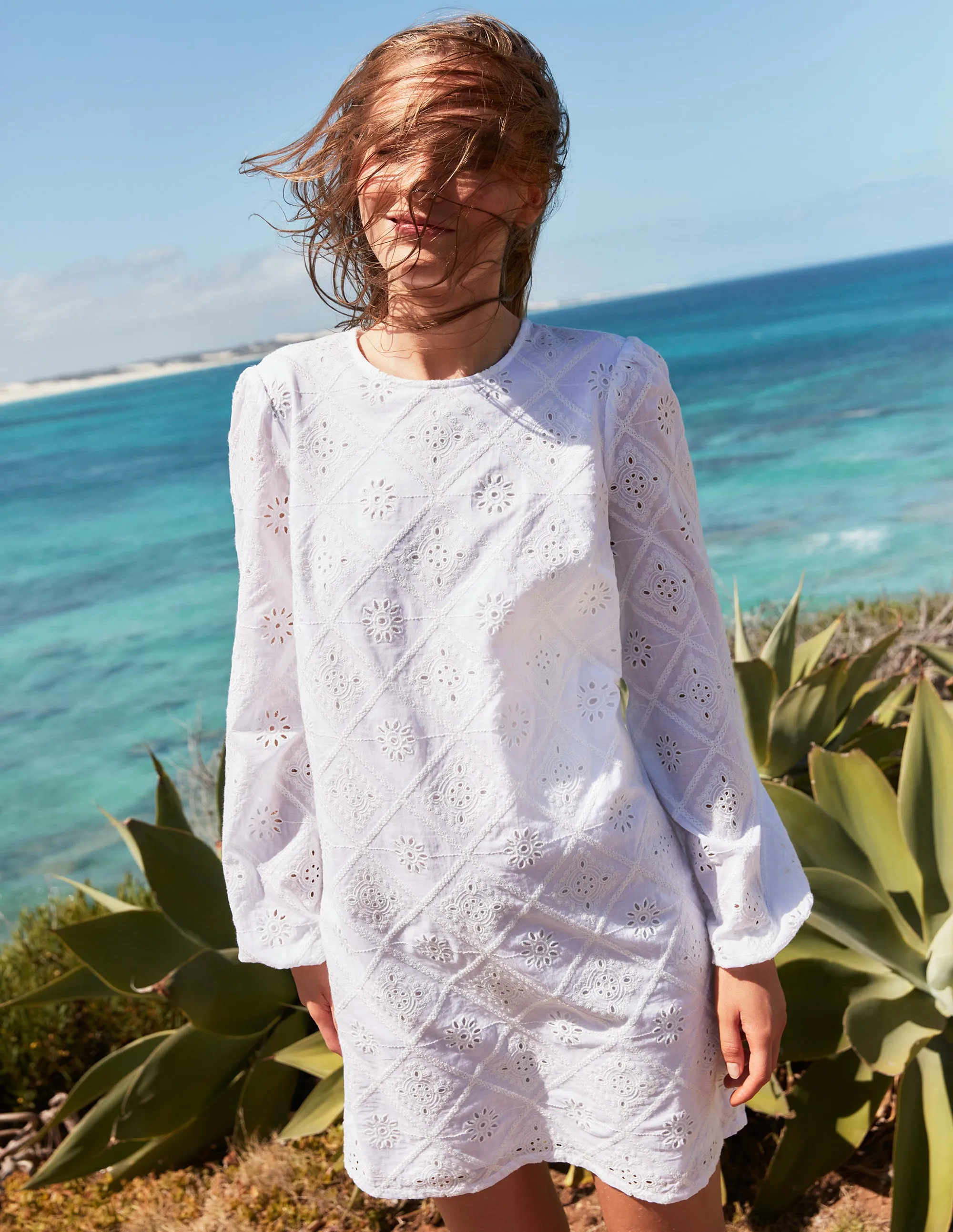Broderie Mini Shift Dress-White