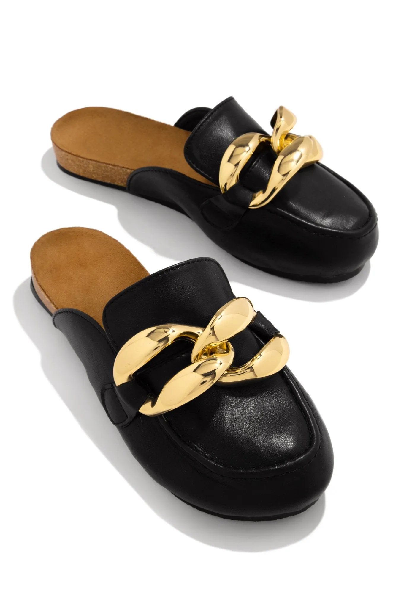 Cape Robbin Colinda Black Slip On Big Buckle Gold Slide Mule Flat Slip On Sandal