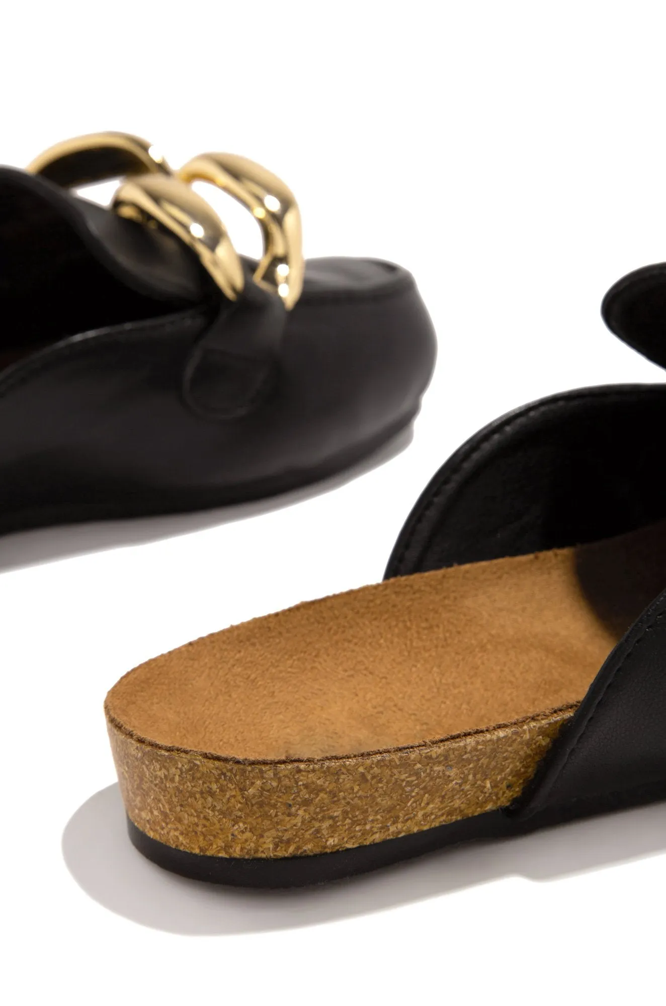 Cape Robbin Colinda Black Slip On Big Buckle Gold Slide Mule Flat Slip On Sandal