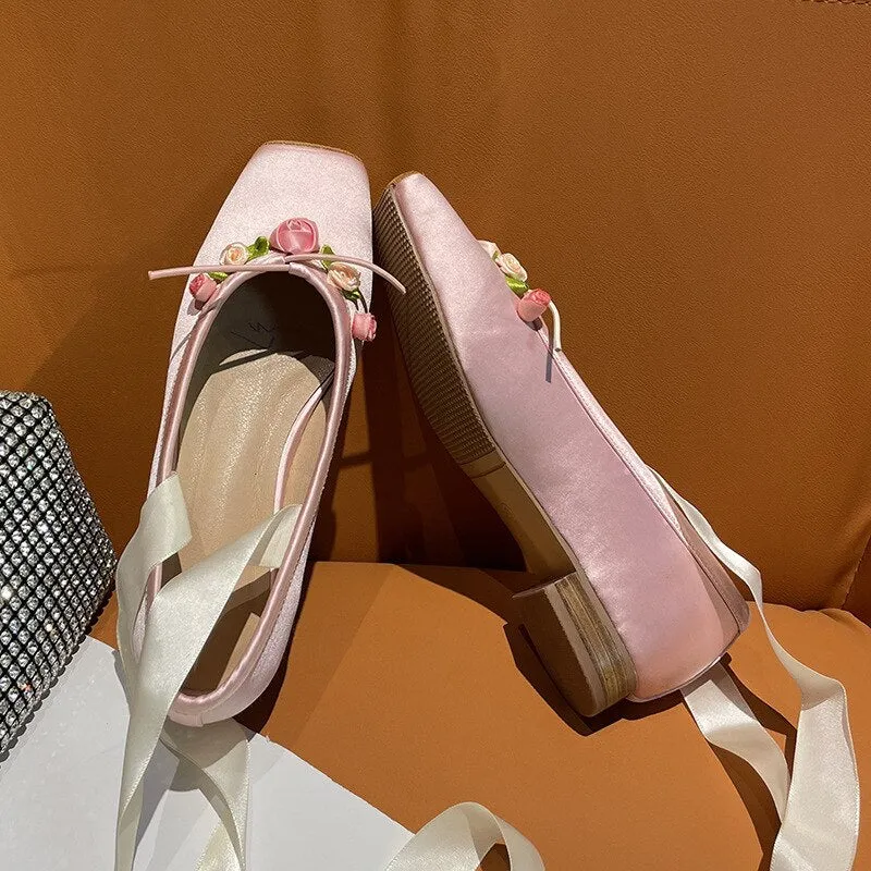 Chicmy 2023 Fashion Classic Pink Silk Ballet Shoes Lace Up Ballet Shoes Women Square Toe Flower Women Flats Elegant Valentine Shoes