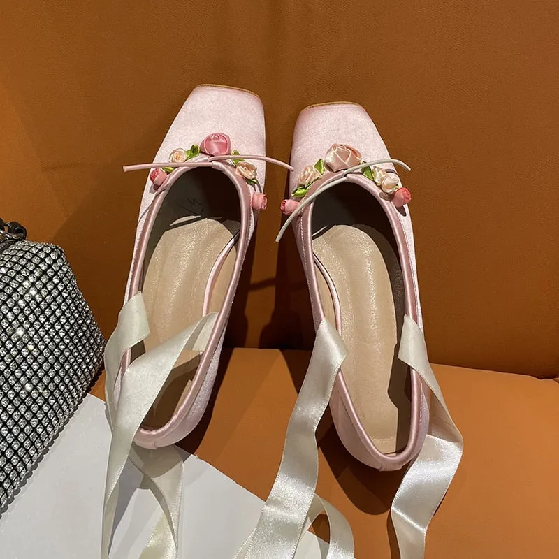 Chicmy 2023 Fashion Classic Pink Silk Ballet Shoes Lace Up Ballet Shoes Women Square Toe Flower Women Flats Elegant Valentine Shoes