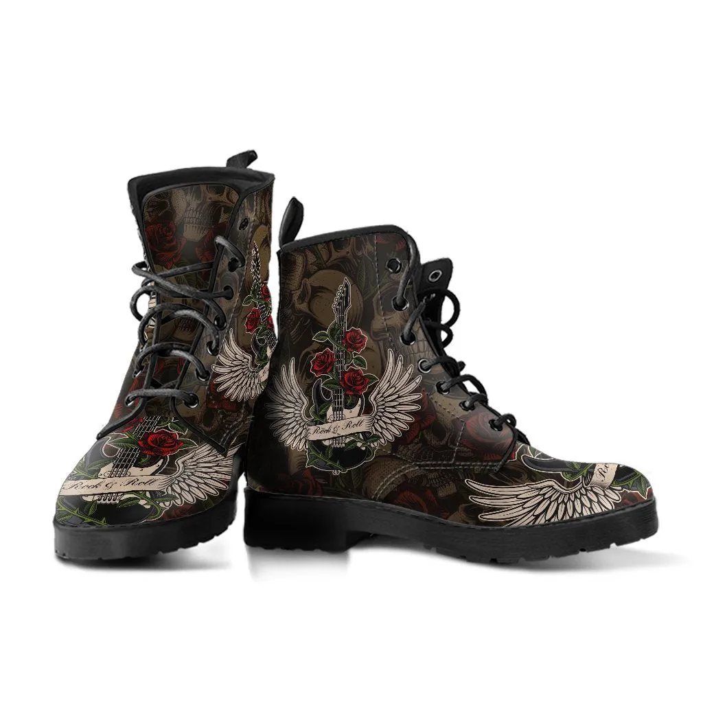 Combat Boots - Electric Guitar #11 Skulls & Roses Background | Vegan Leather Lace Up Boots, Handmade Lace Up Boots, Custom Shoes