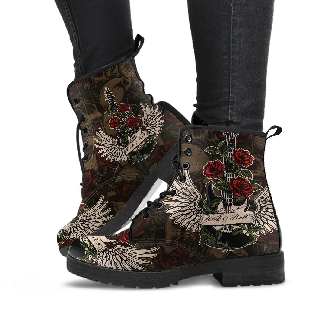 Combat Boots - Electric Guitar #11 Skulls & Roses Background | Vegan Leather Lace Up Boots, Handmade Lace Up Boots, Custom Shoes