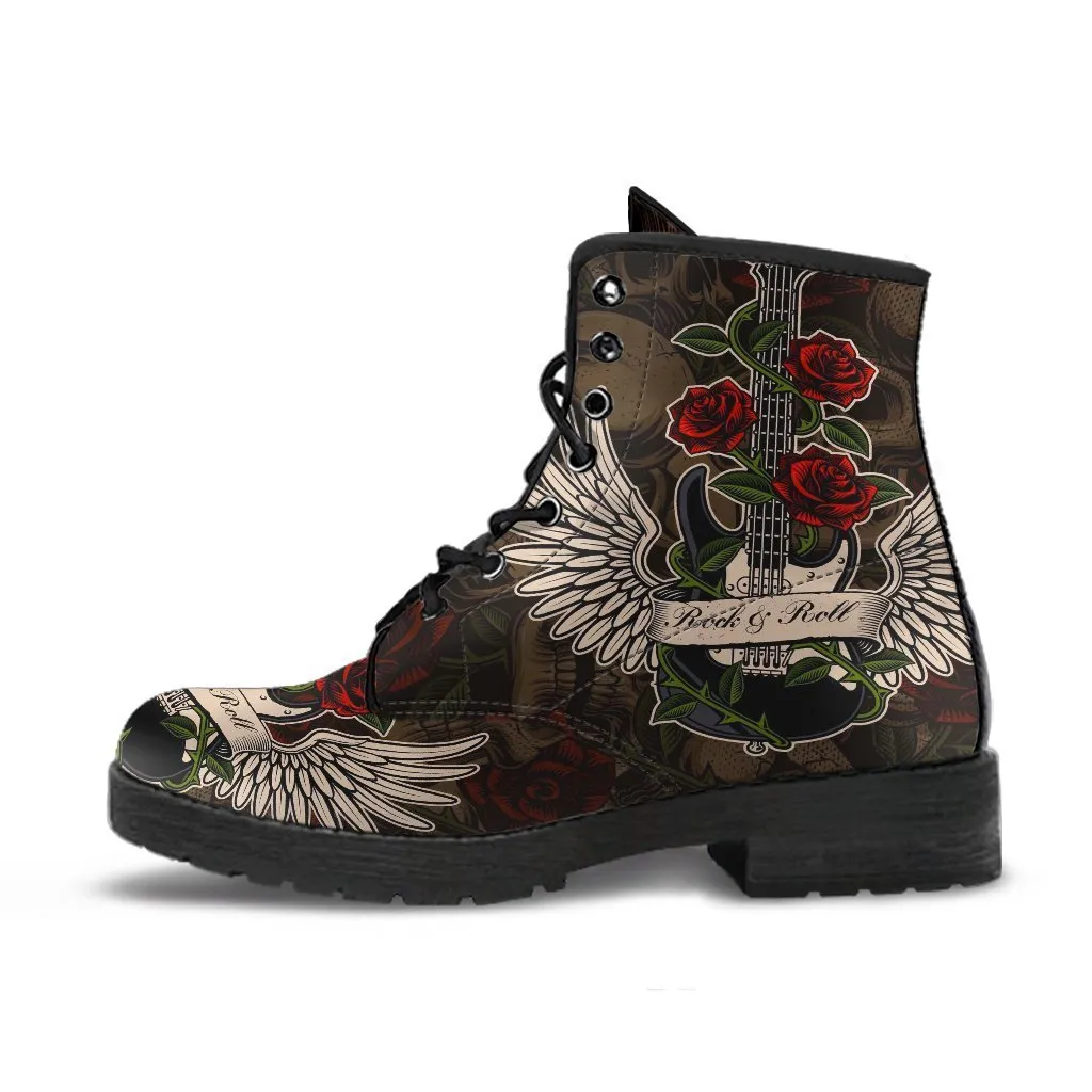 Combat Boots - Electric Guitar #11 Skulls & Roses Background | Vegan Leather Lace Up Boots, Handmade Lace Up Boots, Custom Shoes