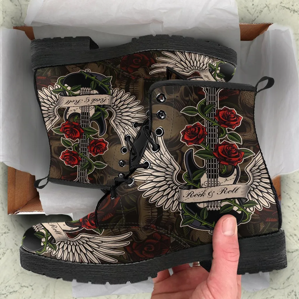 Combat Boots - Electric Guitar #11 Skulls & Roses Background | Vegan Leather Lace Up Boots, Handmade Lace Up Boots, Custom Shoes
