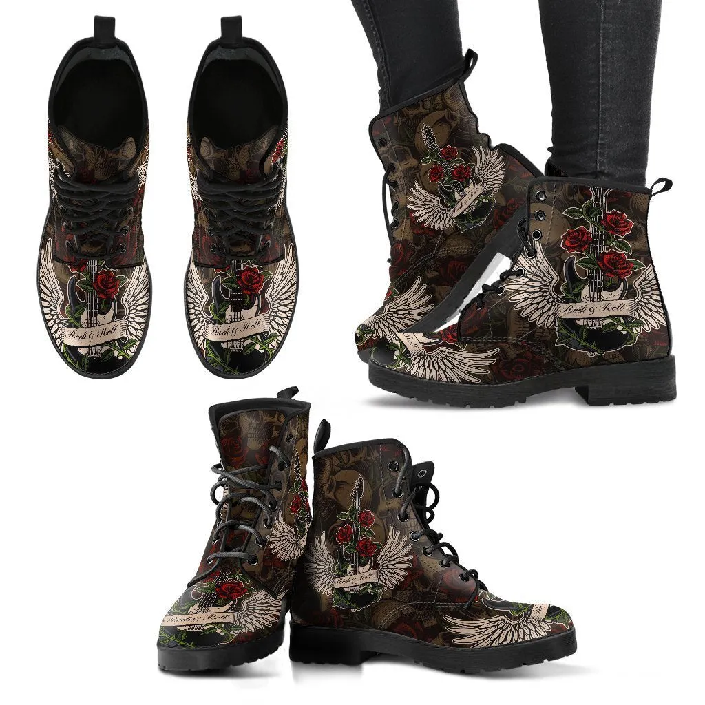 Combat Boots - Electric Guitar #11 Skulls & Roses Background | Vegan Leather Lace Up Boots, Handmade Lace Up Boots, Custom Shoes