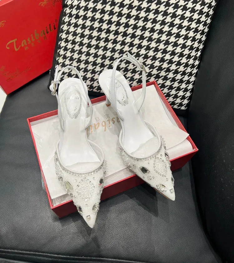 Diamond Lace Strap Sandals - Summer Thin Heel Pointed Toe Sexy High Heels for Women