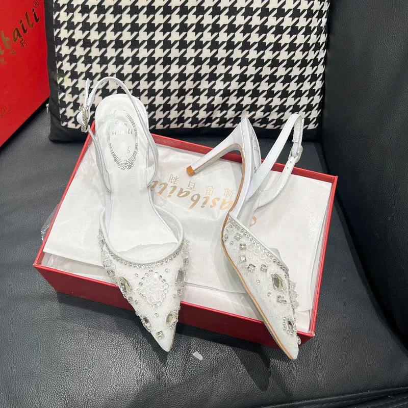 Diamond Lace Strap Sandals - Summer Thin Heel Pointed Toe Sexy High Heels for Women
