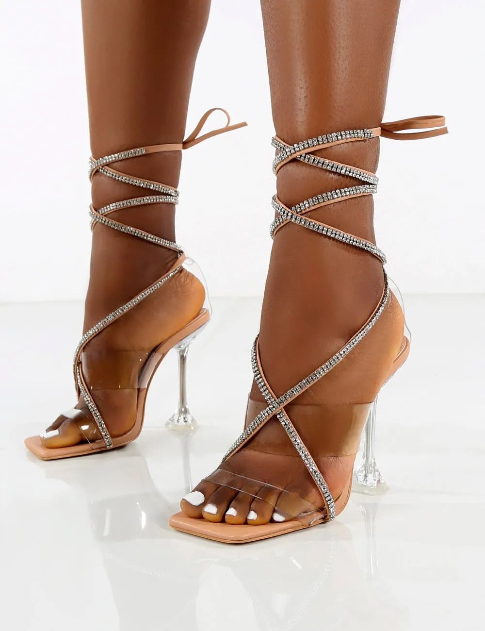 Kym Nude PU Embellished Wrap Around Cake Stand Heels