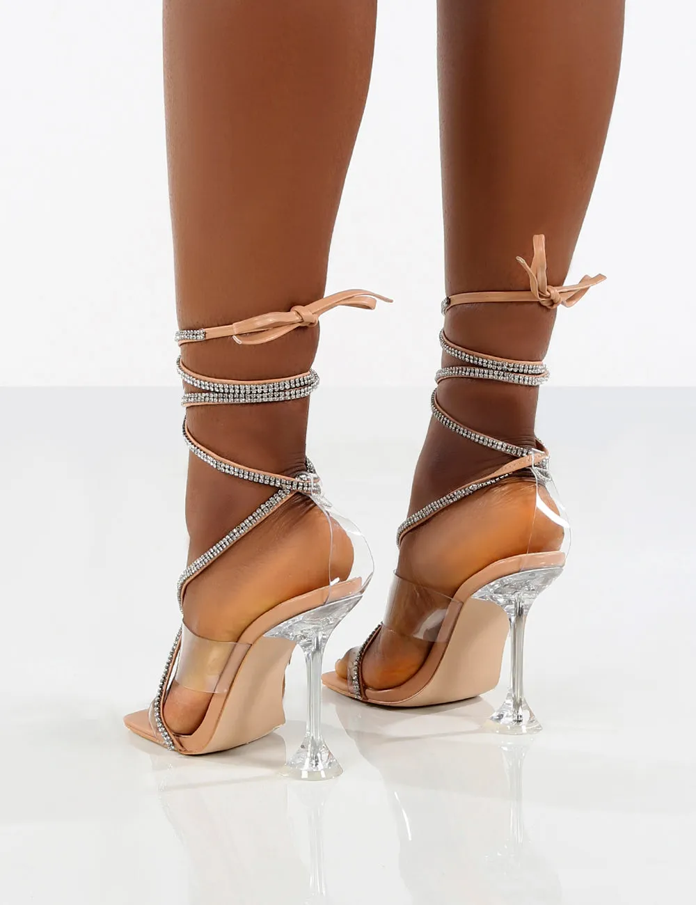 Kym Nude PU Embellished Wrap Around Cake Stand Heels