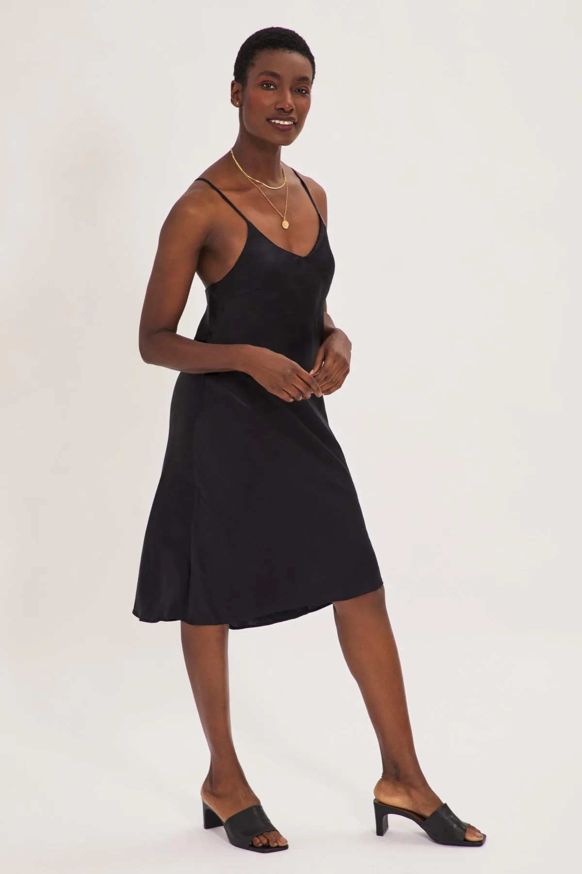 Organic Peace Silk Slip Midi Dress in Black