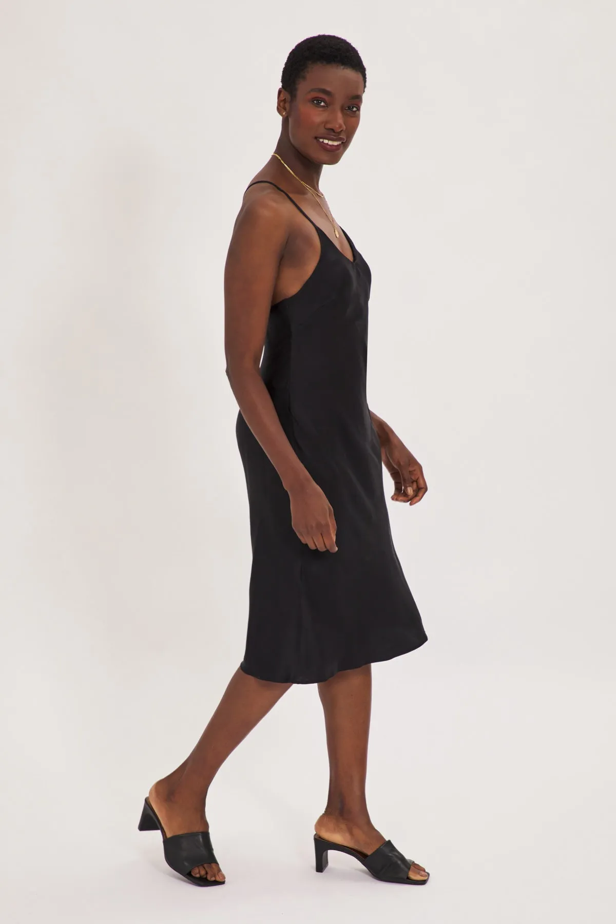Organic Peace Silk Slip Midi Dress in Black