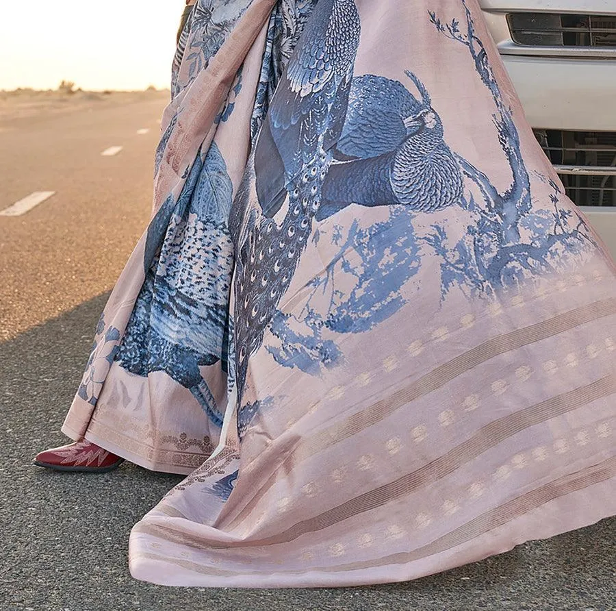 Oyster Gray Pure Tussar Silk Handwoven Printed Saree