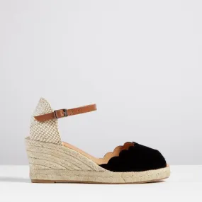 Pinaz Black Suede Scallop Wedge