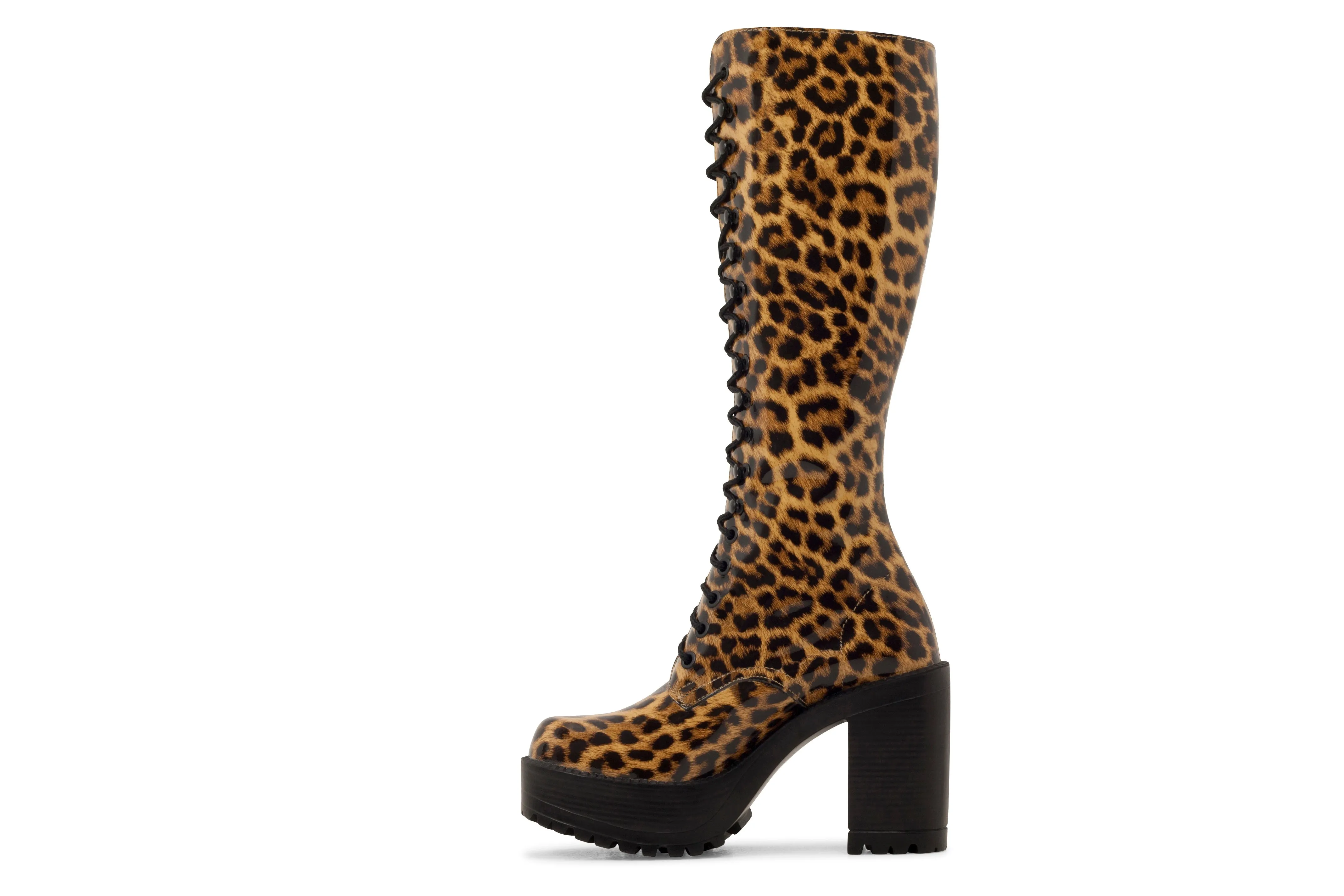 Roc Boots Lash Tan Leopard Patent Knee High Boots