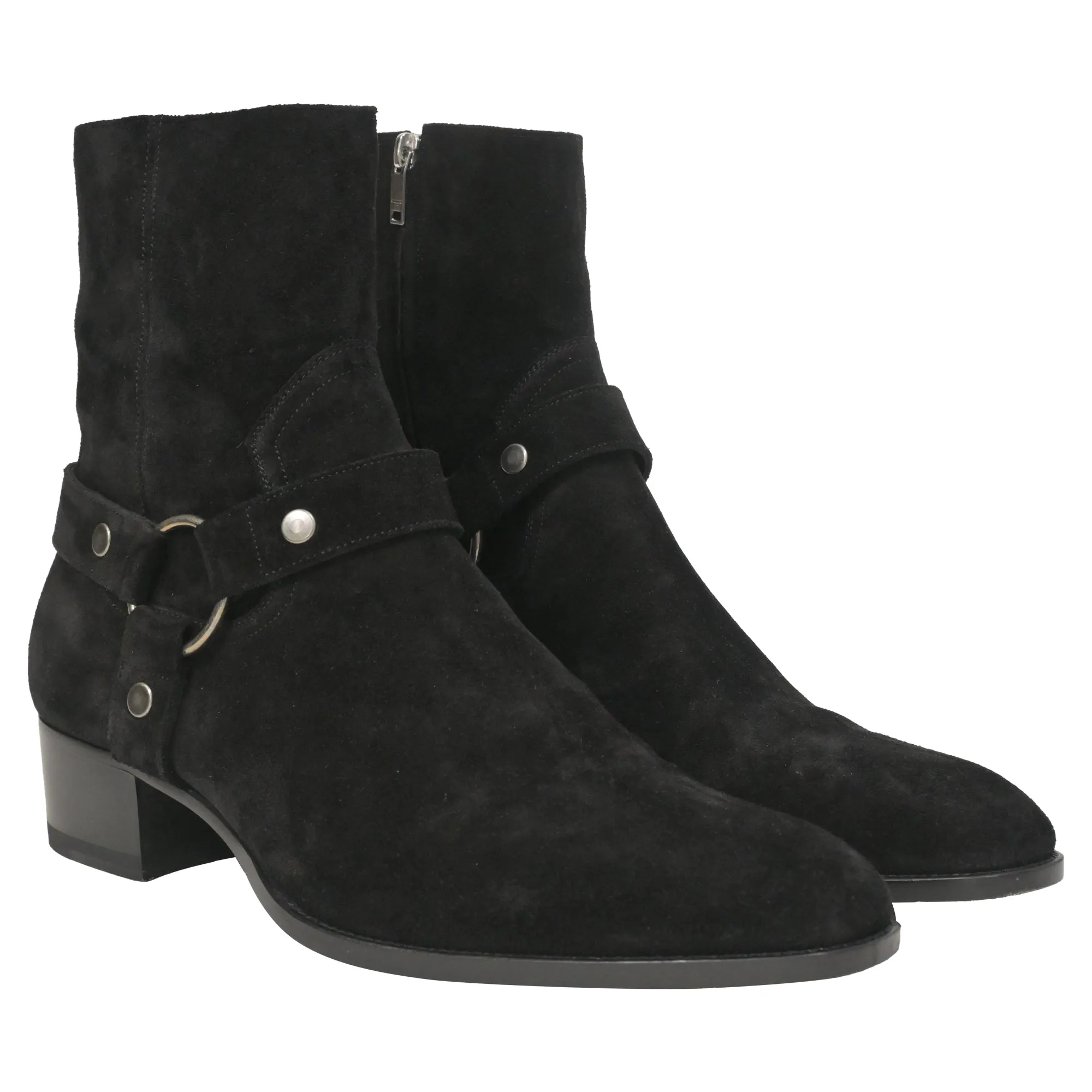Saint Laurent Wyatt Harness Boots in Black Suede