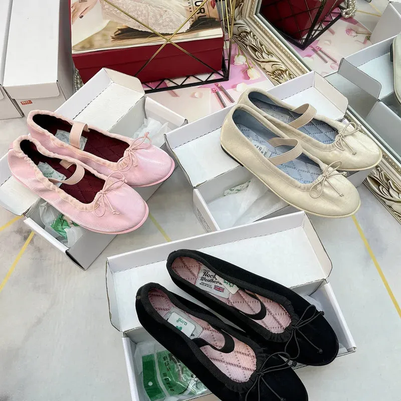 Sohiwoo Korea Flats Spring/Autumn Flats Women Shoes Fashion Mary Jane Shoes Round Toe Women's Shoes Bow Silk Satin Ballet Flats