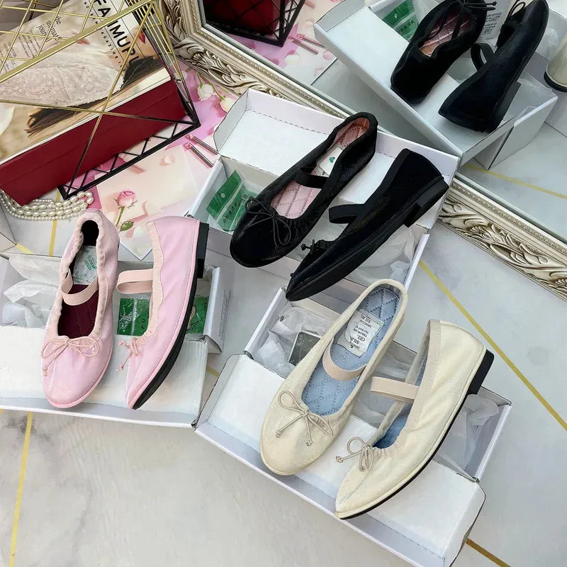Sohiwoo Korea Flats Spring/Autumn Flats Women Shoes Fashion Mary Jane Shoes Round Toe Women's Shoes Bow Silk Satin Ballet Flats