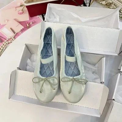 Sohiwoo Korea Flats Spring/Autumn Flats Women Shoes Fashion Mary Jane Shoes Round Toe Women's Shoes Bow Silk Satin Ballet Flats