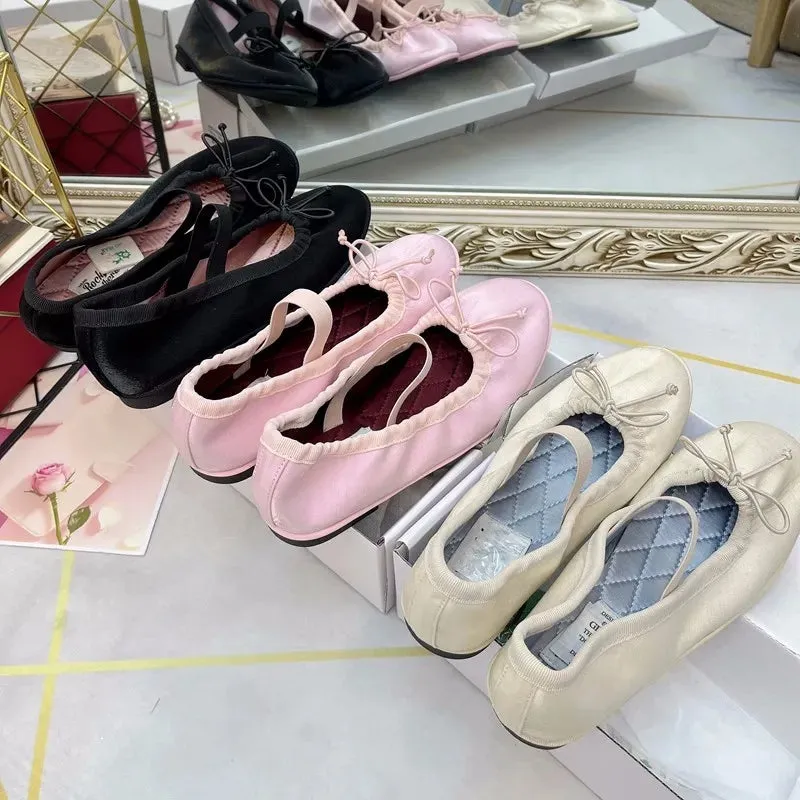 Sohiwoo Korea Flats Spring/Autumn Flats Women Shoes Fashion Mary Jane Shoes Round Toe Women's Shoes Bow Silk Satin Ballet Flats