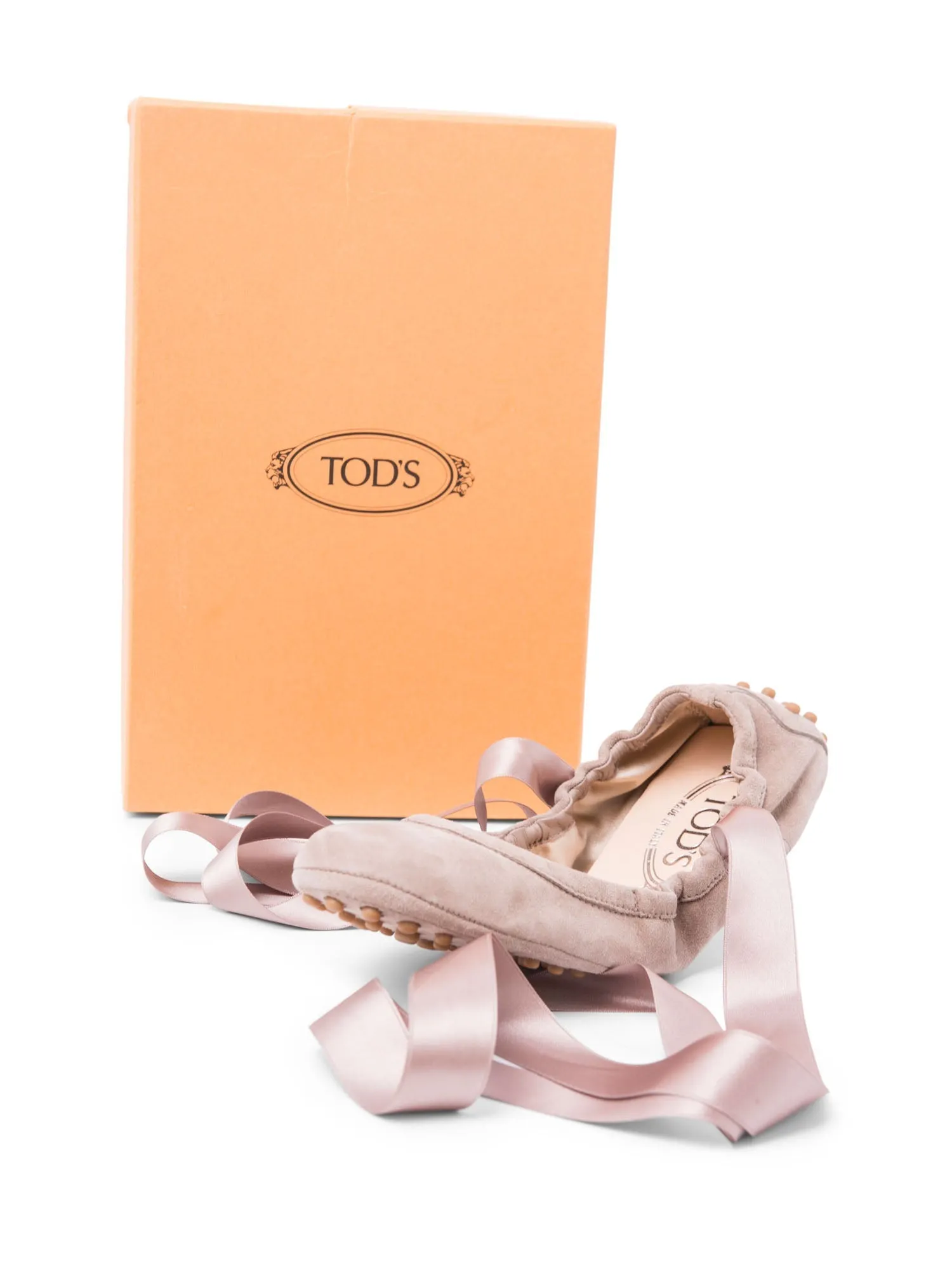 Tod`s Suede Ballet Flats with Ribbons Taupe
