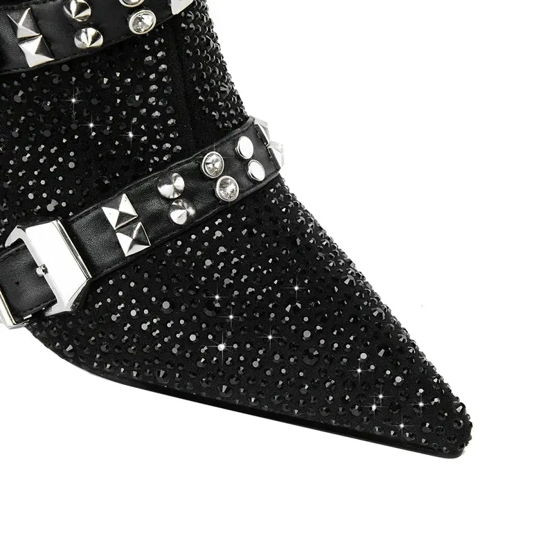 Water Diamond Belt Buckle Pointed High Heels Women's Short Boots