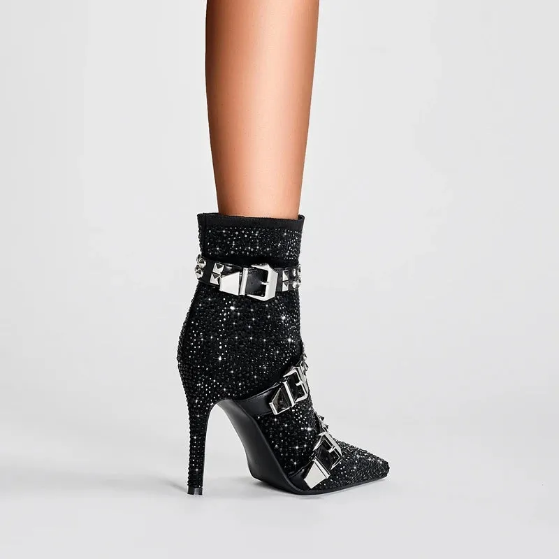 Water Diamond Belt Buckle Pointed High Heels Women's Short Boots