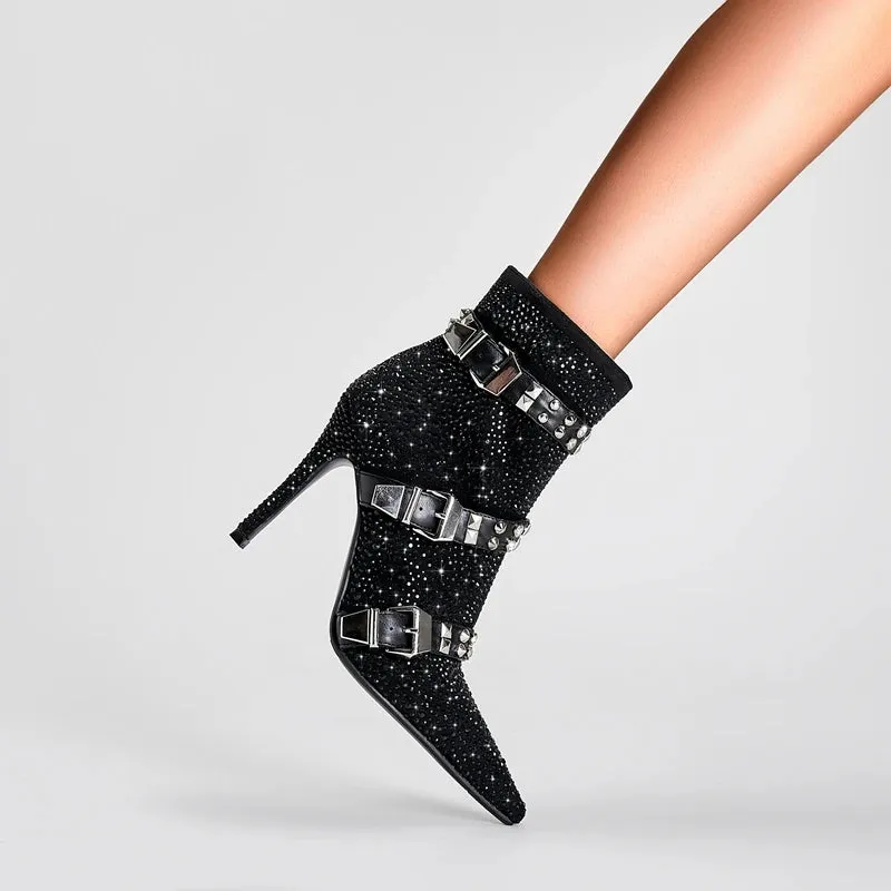 Water Diamond Belt Buckle Pointed High Heels Women's Short Boots
