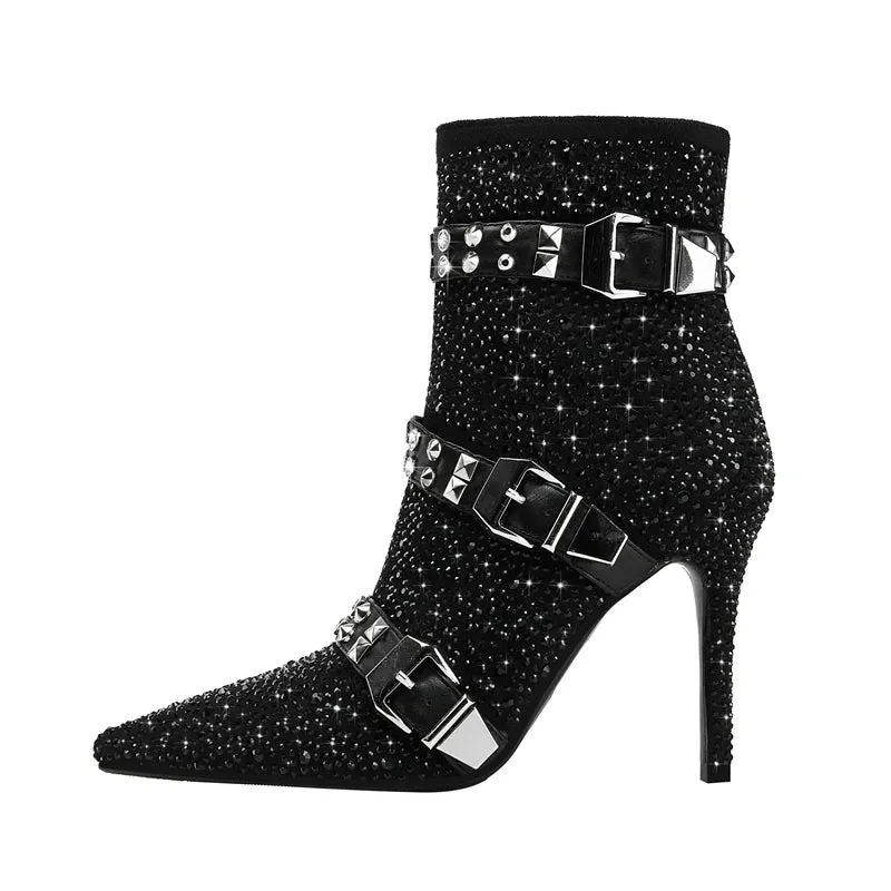 Water Diamond Belt Buckle Pointed High Heels Women's Short Boots