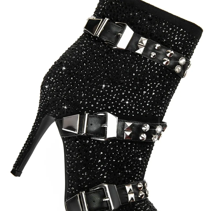 Water Diamond Belt Buckle Pointed High Heels Women's Short Boots