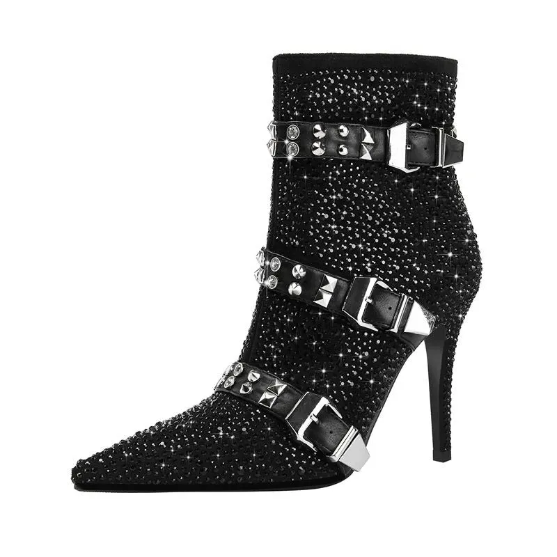 Water Diamond Belt Buckle Pointed High Heels Women's Short Boots