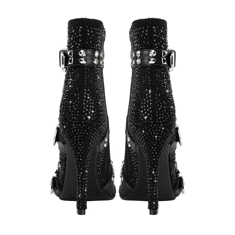 Water Diamond Belt Buckle Pointed High Heels Women's Short Boots
