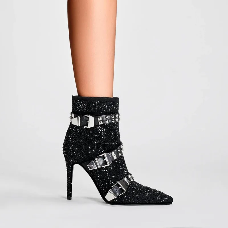 Water Diamond Belt Buckle Pointed High Heels Women's Short Boots